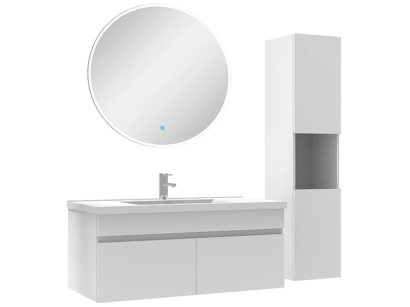 Ensemble Salle De Bain avec colonne et miroir rond 100cm meuble blanc