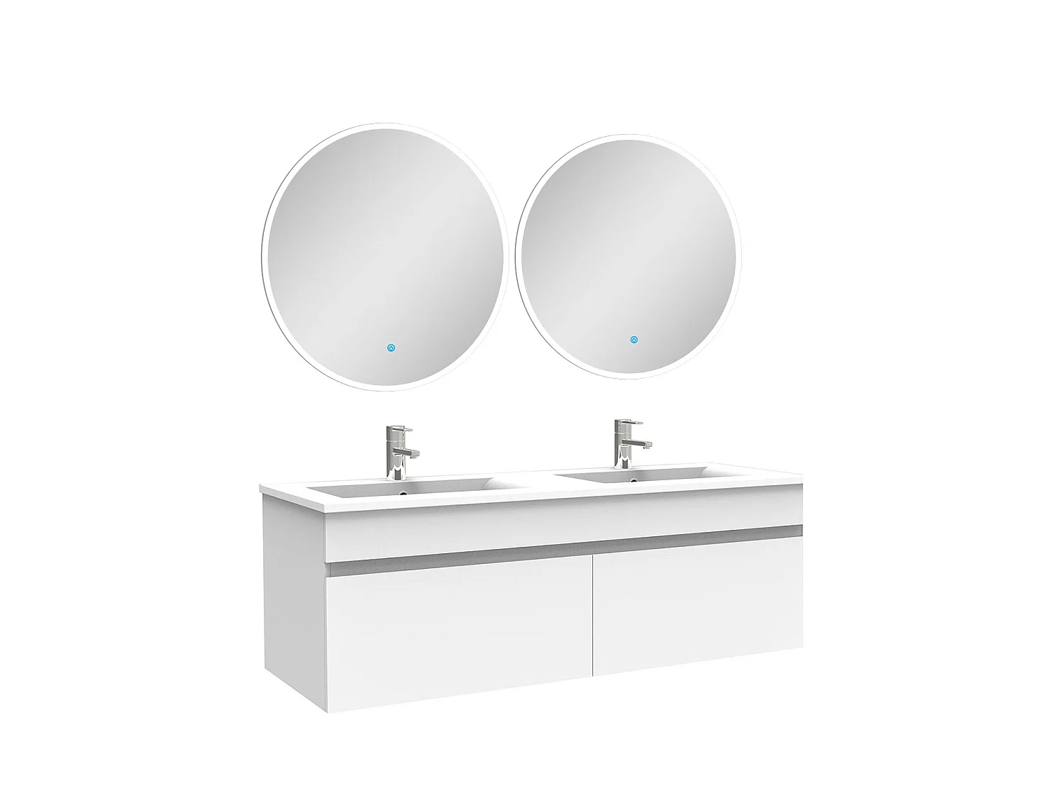 Ensemble meubles Salle de Bain double vasque 120cm + miroir rond lumineux Blanc