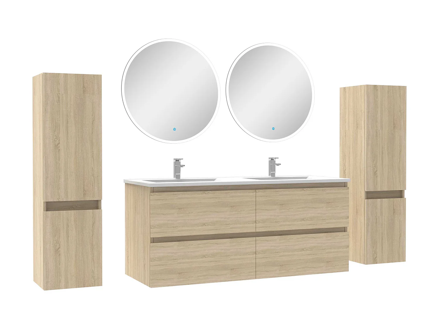 Ensemble meubles Salle de Bain avec colonne + miroir rond mural 120cm meuble Chêne Wotan