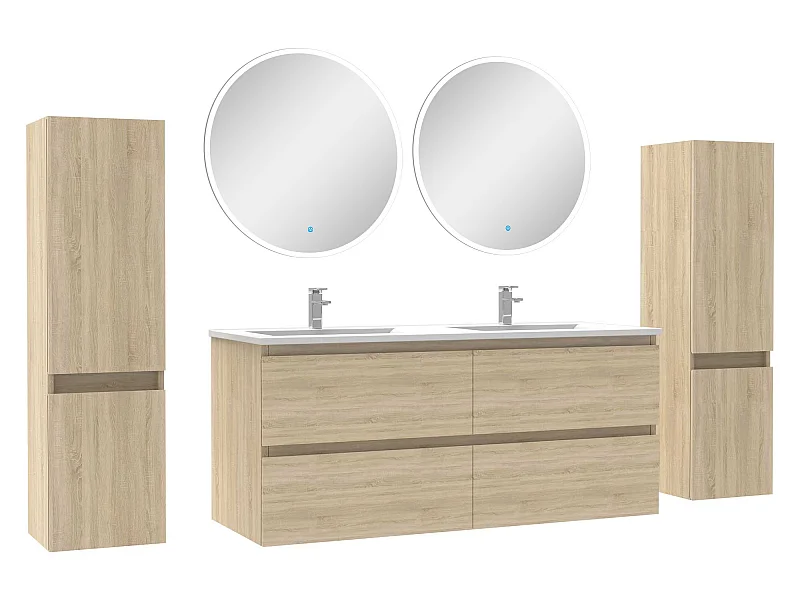 Ensemble meubles Salle de Bain avec colonne + miroir rond mural 120cm meuble Chêne Wotan