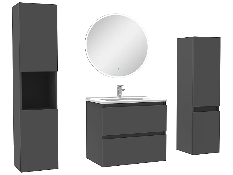 Ensemble meubles Salle de Bain 60cm vasque + colonne + miroir rond mural Anthracite