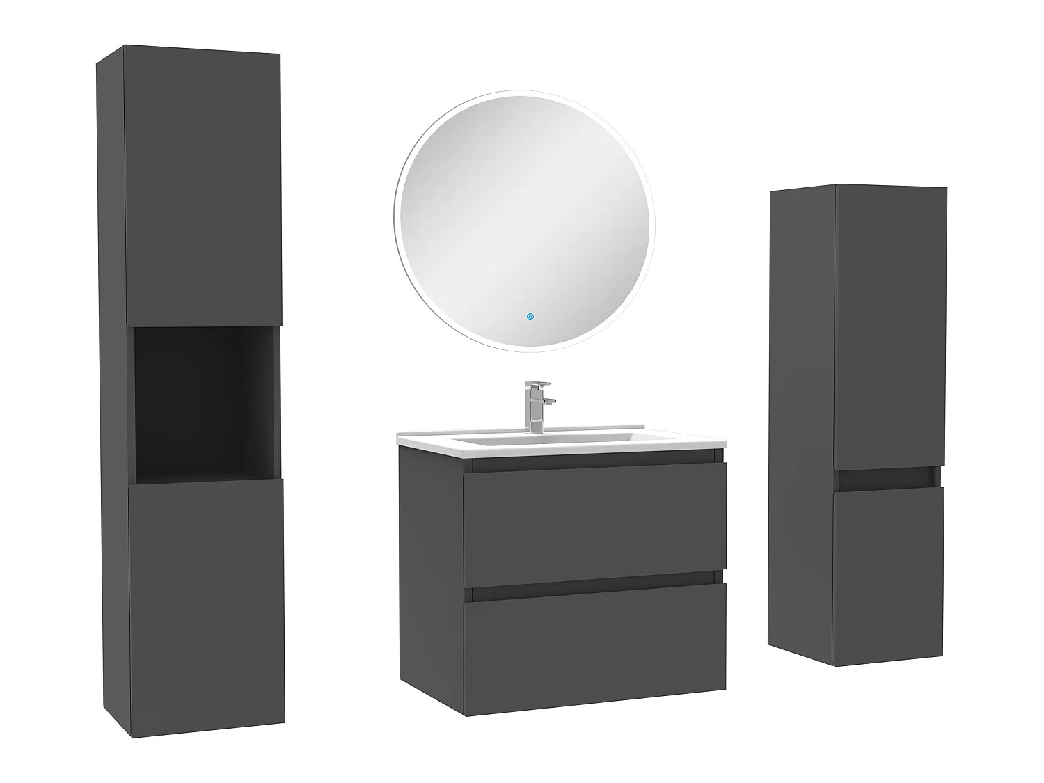 Ensemble meubles Salle de Bain 60cm vasque + colonne + miroir rond mural Anthracite
