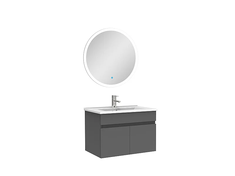 Ensemble meubles Salle de Bain simple vasque 60cm + miroir rond lumineux Anthracite