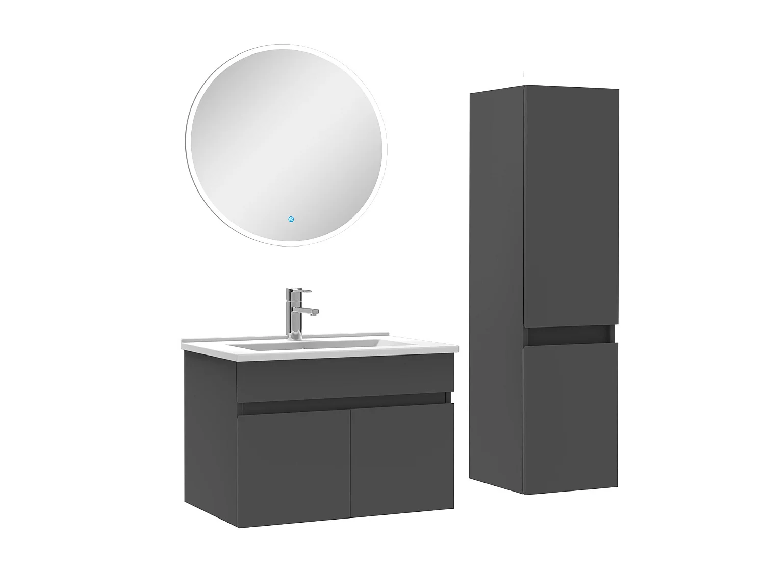 Ensemble Salle De Bain simple vasque avec colonne et miroir rond 60cm meuble Anthracite
