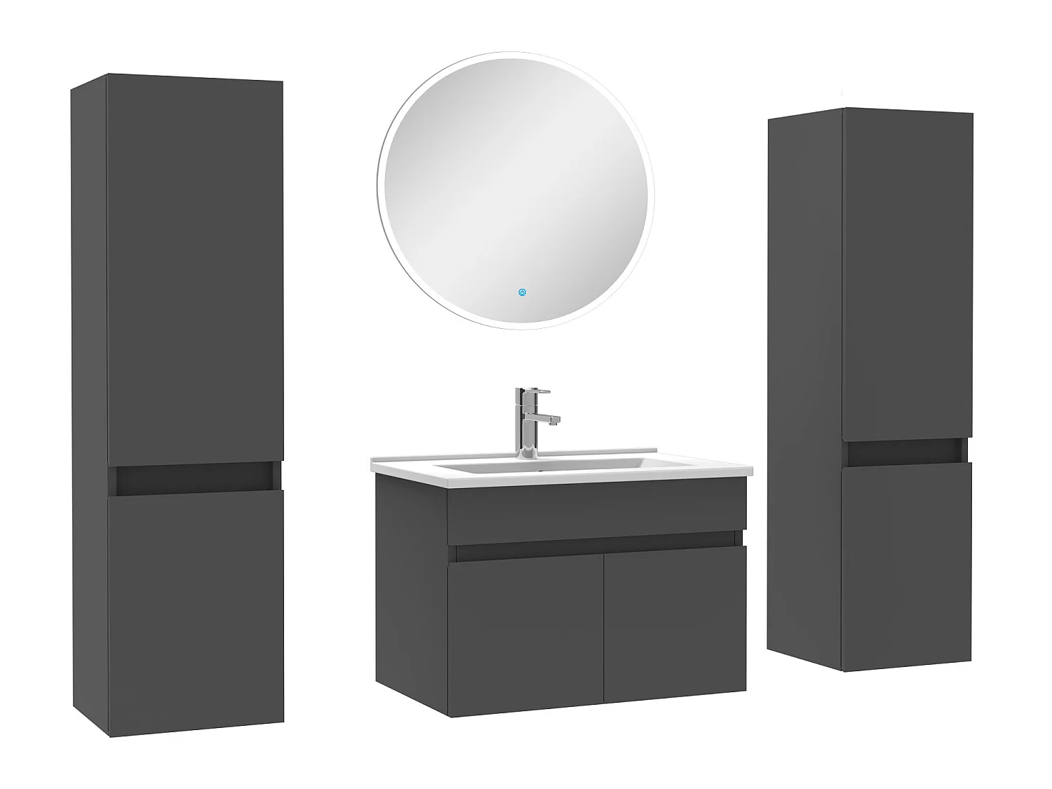Ensemble meubles Salle de Bain simple vasque 60cm, colonnex2 + miroir rond Anthracite