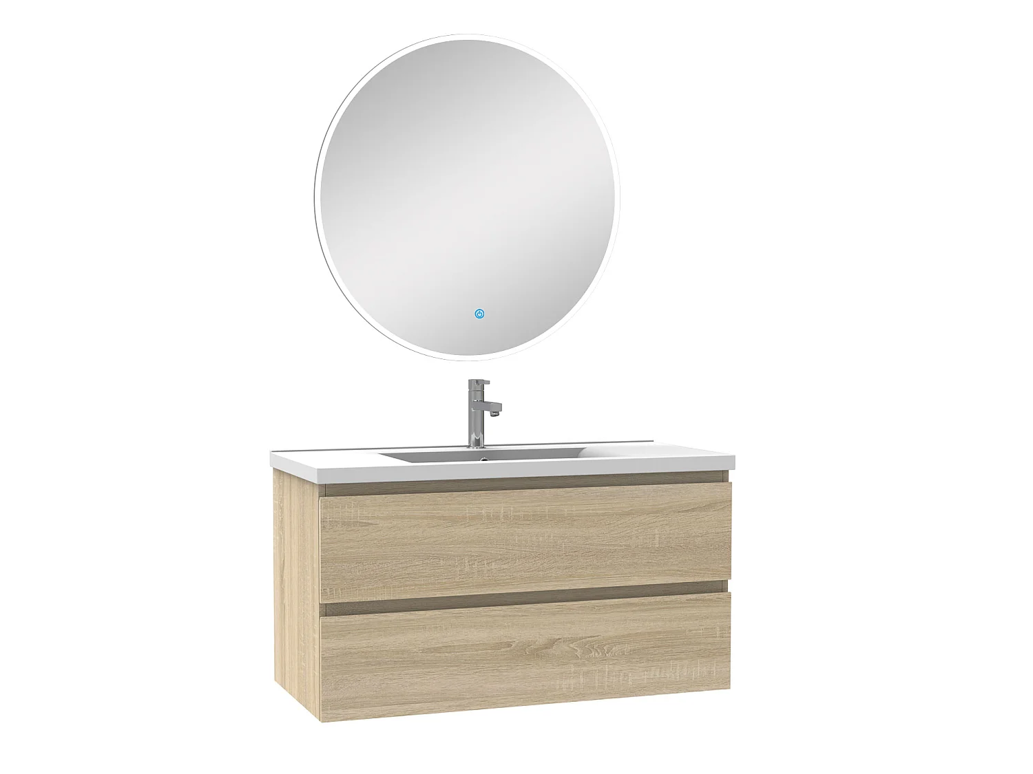 Ensemble meubles Salle de Bain Chêne Wotan 100cm simple vasque + miroir lumineux rond