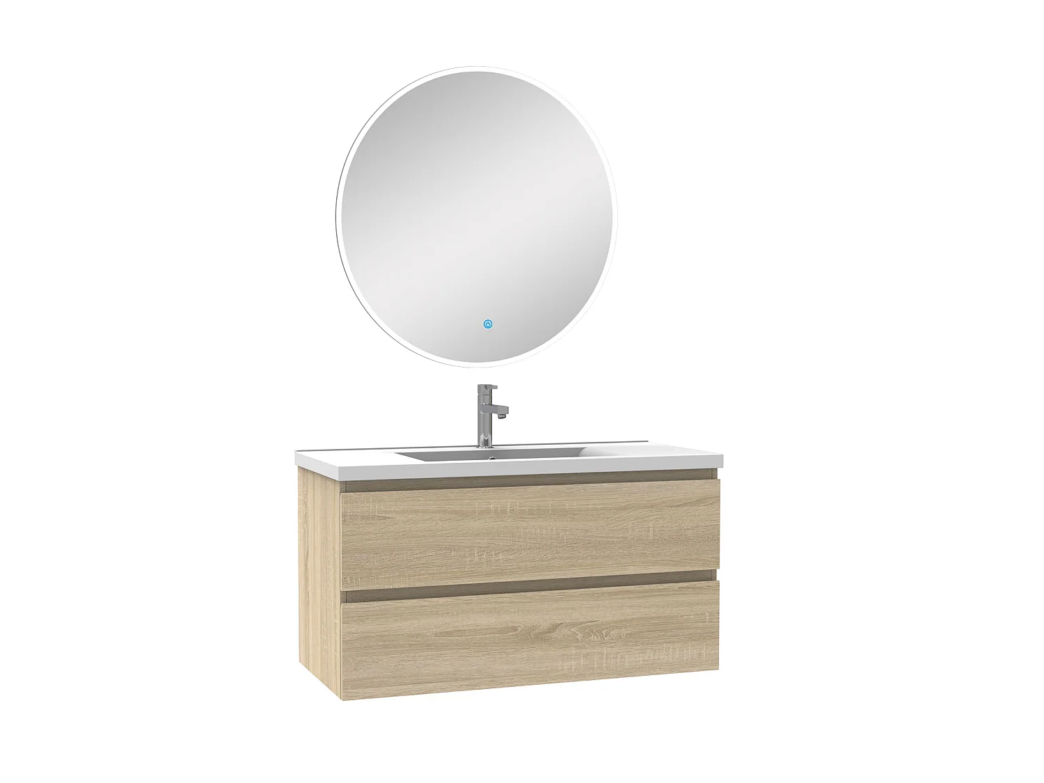 Ensemble meubles Salle de Bain Chêne Wotan 100cm simple vasque + miroir lumineux rond