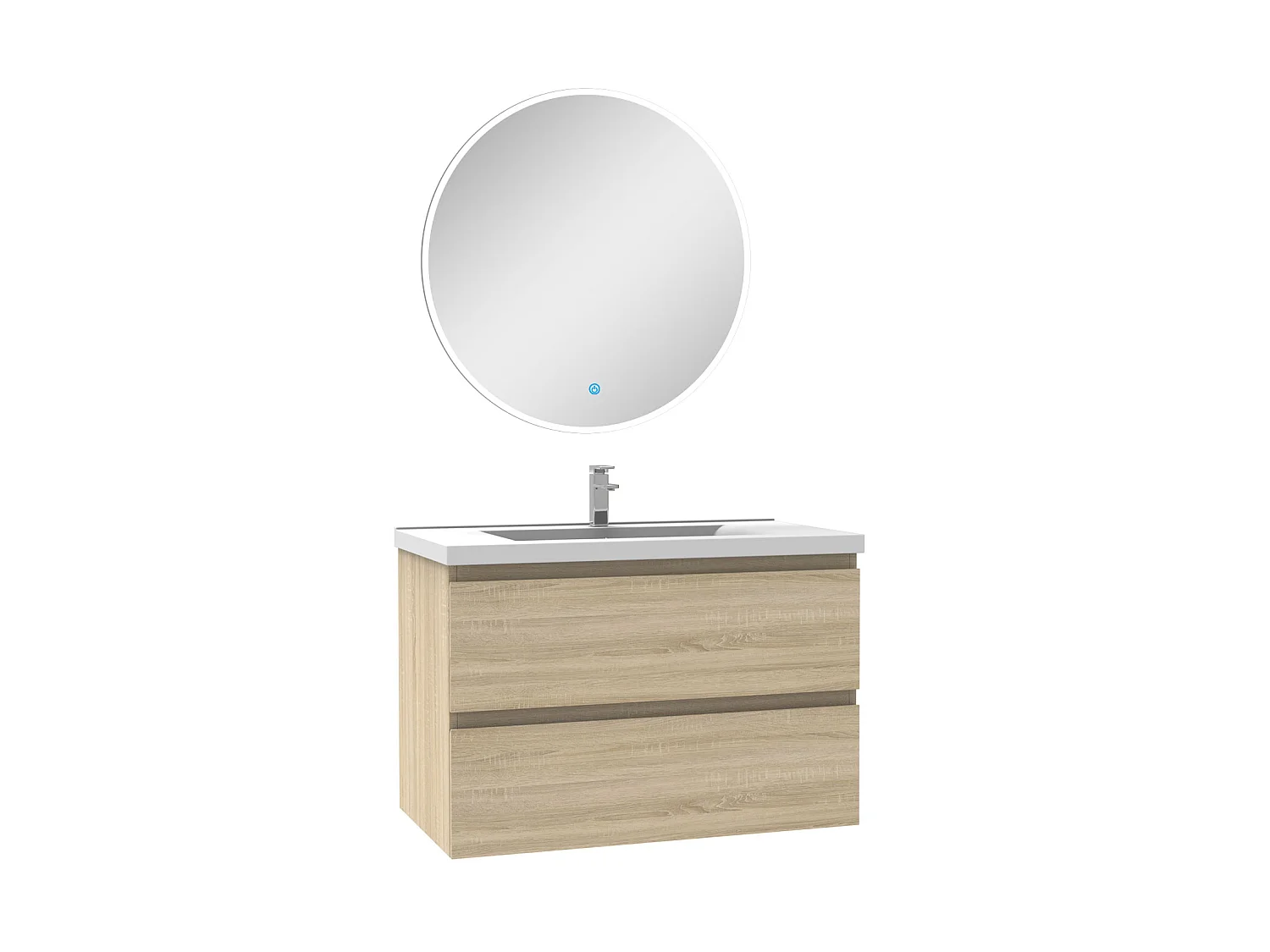 Ensemble meuble Salle de Bain Chêne Wotan 80cm simple vasque + miroir lumineux rond