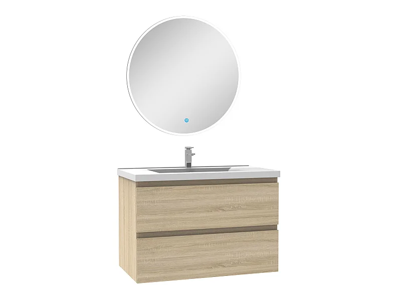 Ensemble meuble Salle de Bain Chêne Wotan 80cm simple vasque + miroir lumineux rond