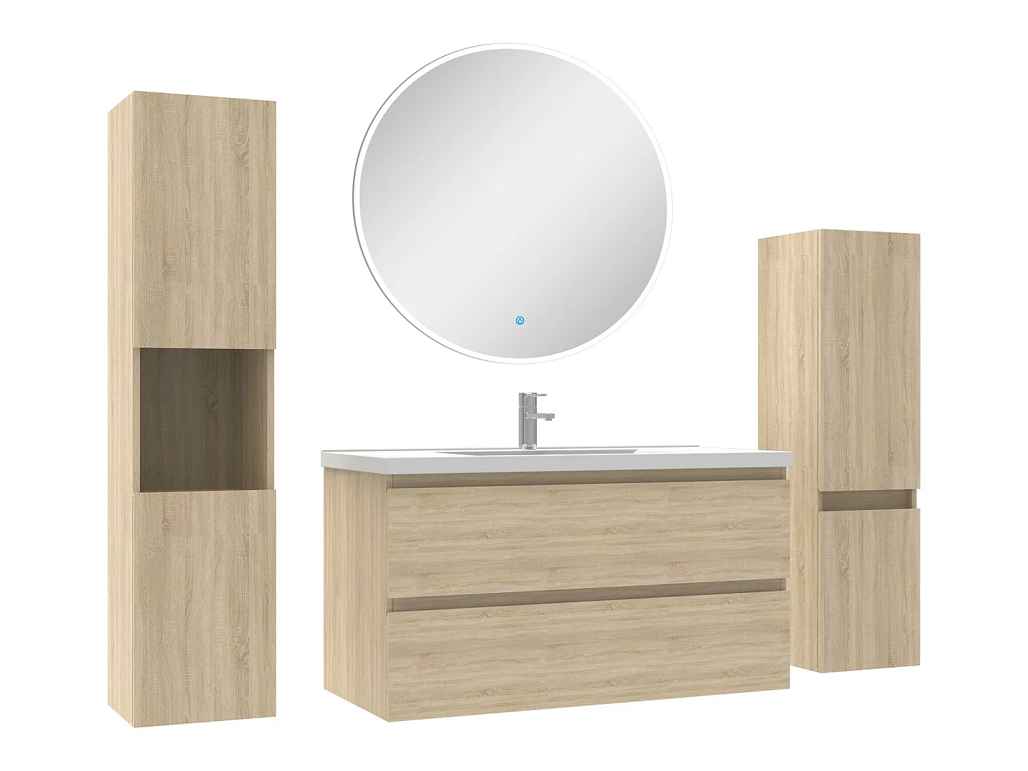 Ensemble meubles Salle de Bain 100cm vasque + colonne + miroir rond mural Chêne Wotan