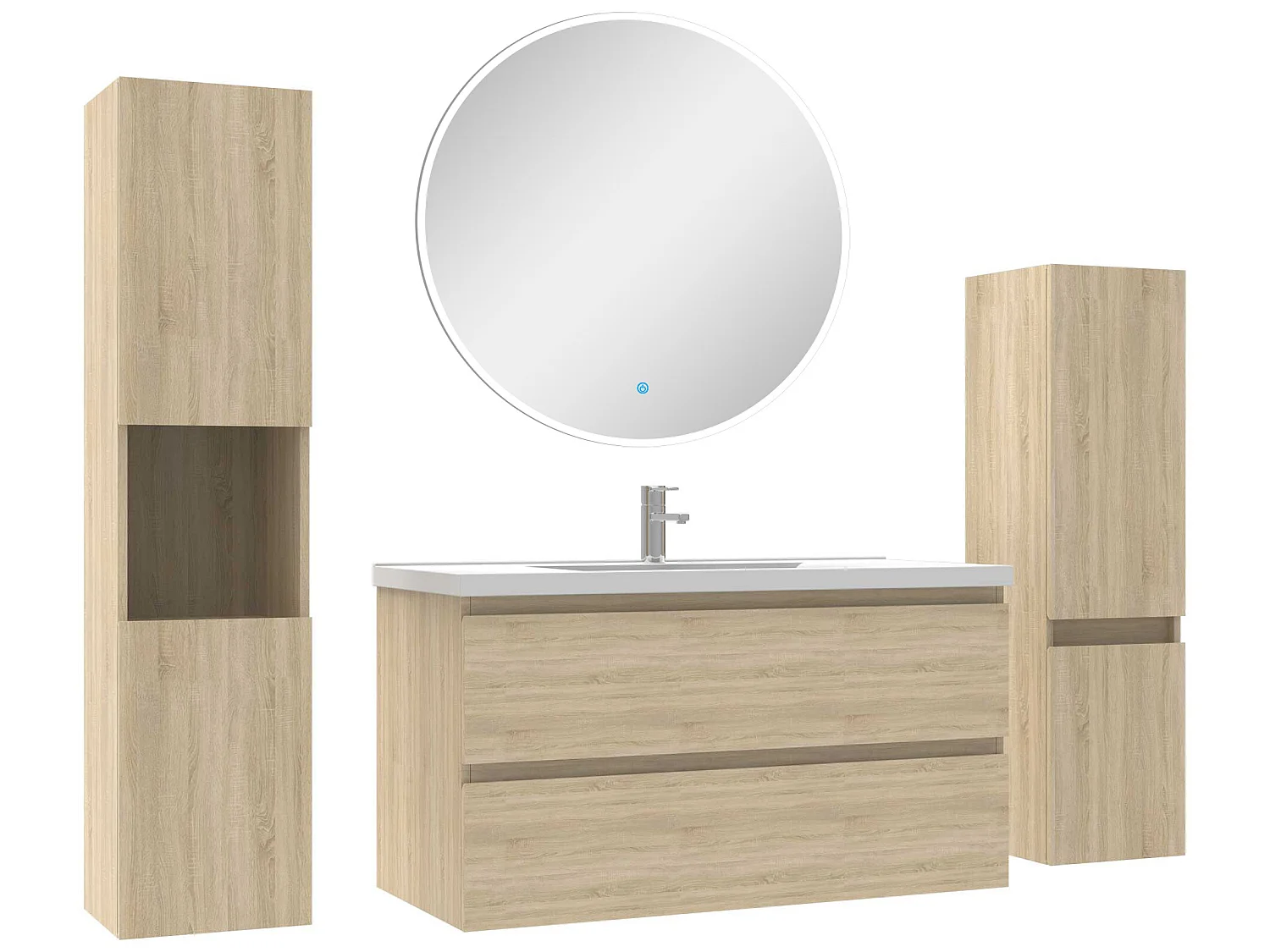 Ensemble meubles Salle de Bain 100cm vasque + colonne + miroir rond mural Chêne Wotan