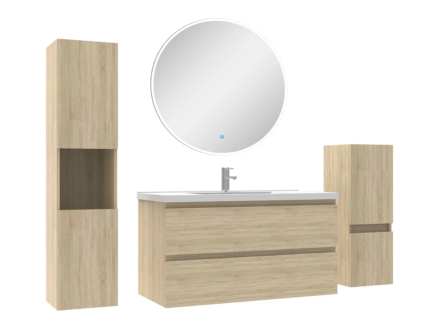 Ensemble meubles Salle de Bain 100cm simple vasque + colonne + miroir rond mural Chêne Wotan