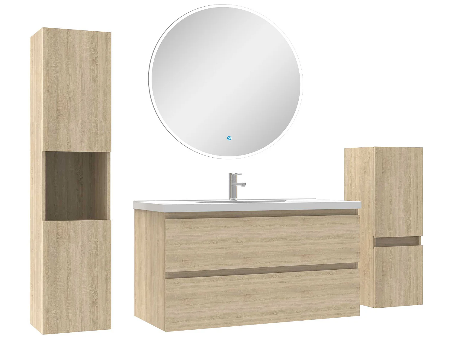 Ensemble meubles Salle de Bain 100cm simple vasque + colonne + miroir rond mural Chêne Wotan
