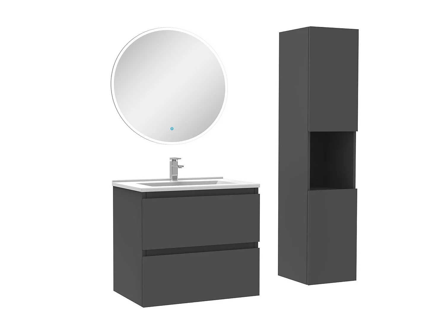Ensemble meubles simple vasque 60cm,colonne + miroir rond lumineux Anthracite