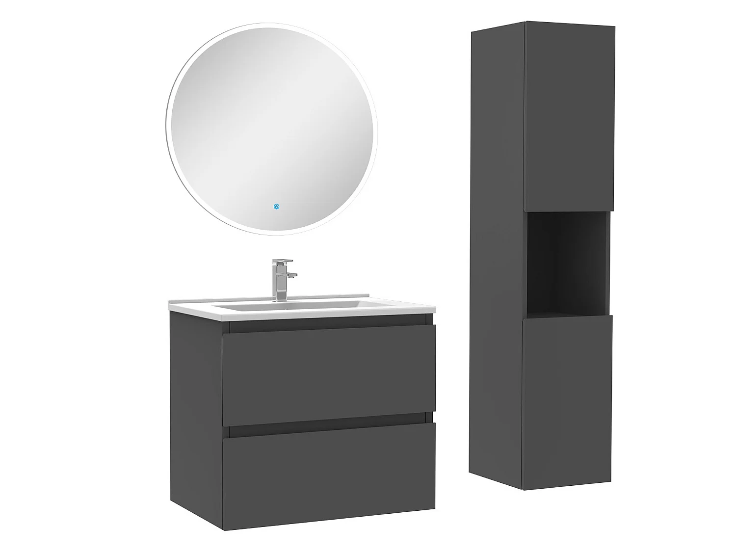 Ensemble meubles simple vasque 60cm,colonne + miroir rond lumineux Anthracite