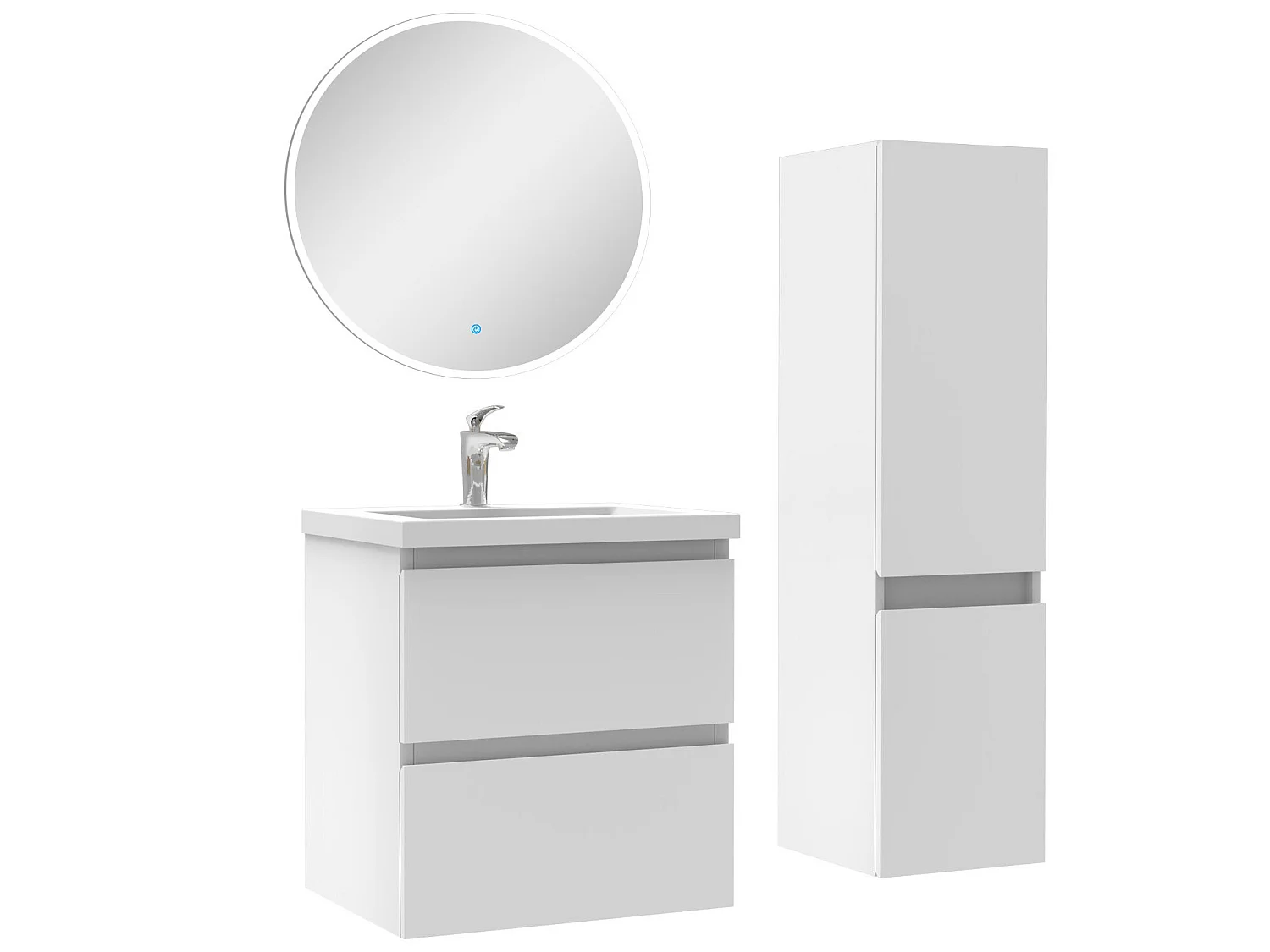 Ensemble meubles Salle de Bain 50cm vasque + colonne + miroir rond lumineux Blanc