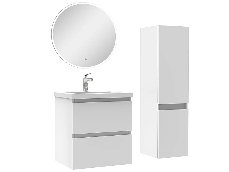 Ensemble meubles Salle de Bain 50cm vasque + colonne + miroir rond lumineux Blanc