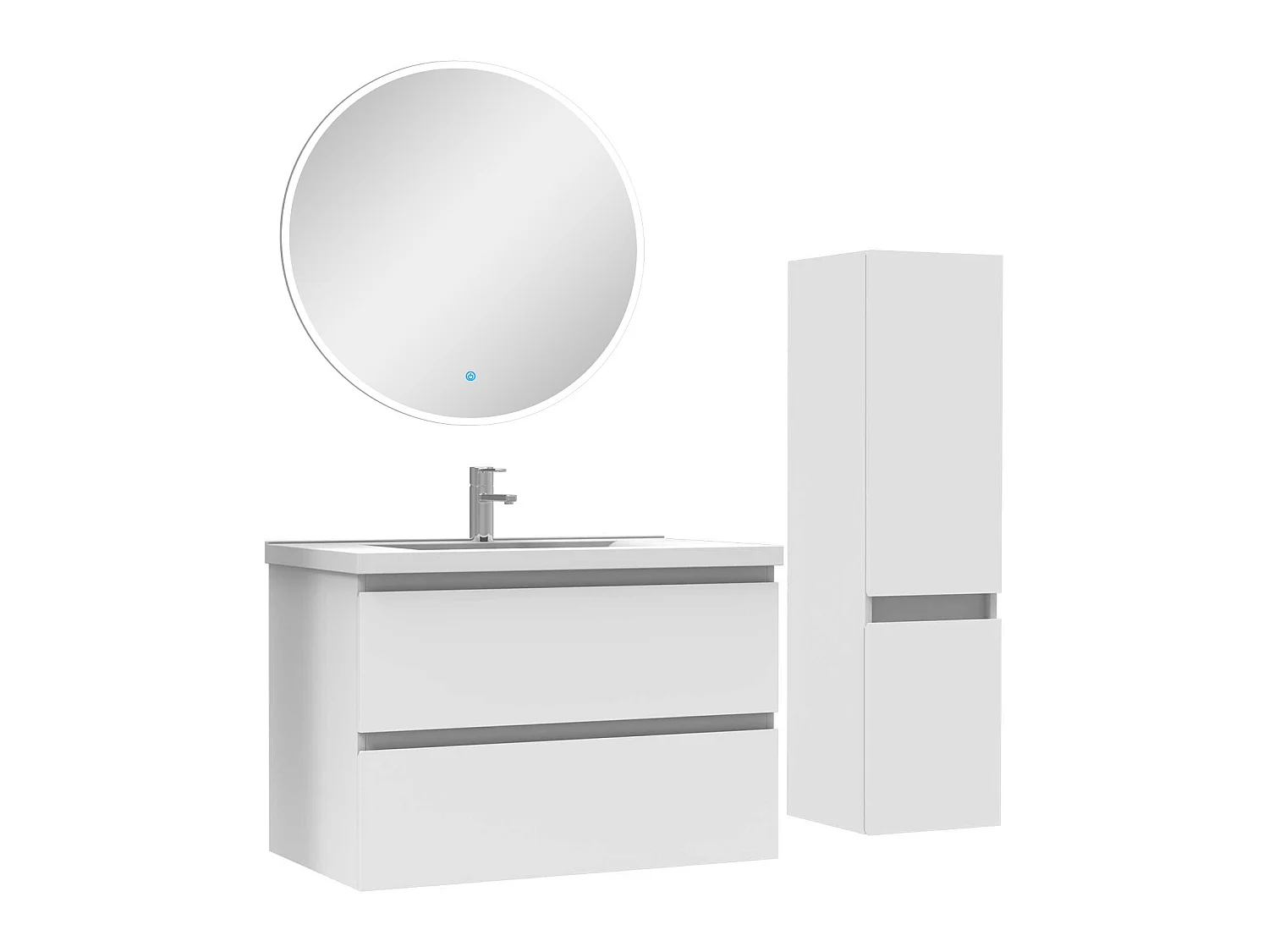 Ensemble meubles Salle de Bain 80cm vasque + colonne + miroir rond lumineux Blanc