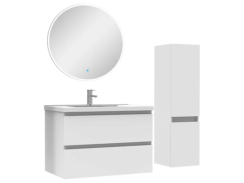 Ensemble meubles Salle de Bain 80cm vasque + colonne + miroir rond lumineux Blanc
