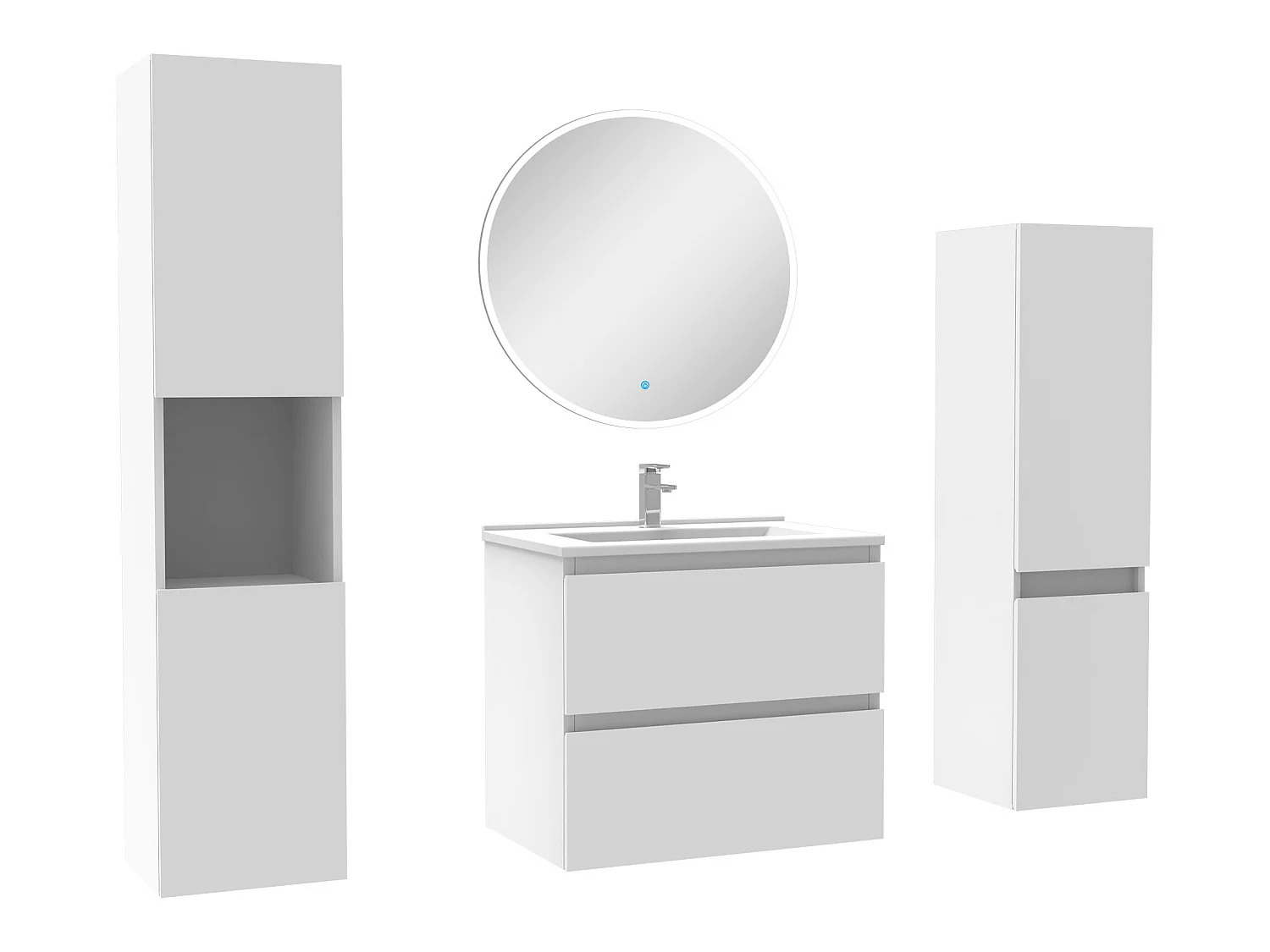 Ensemble meubles Salle de Bain 60cm vasque + colonne + miroir rond mural Blanc