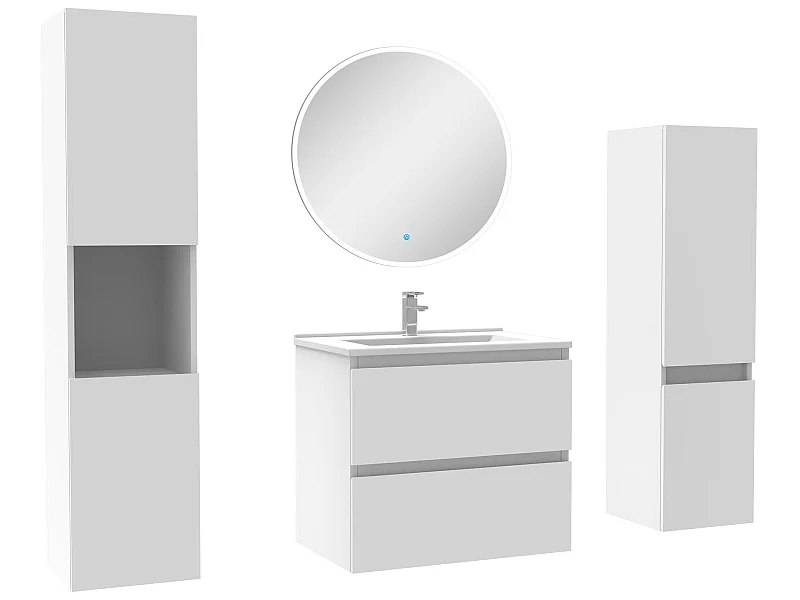 Ensemble meubles Salle de Bain 60cm vasque + colonne + miroir rond mural Blanc