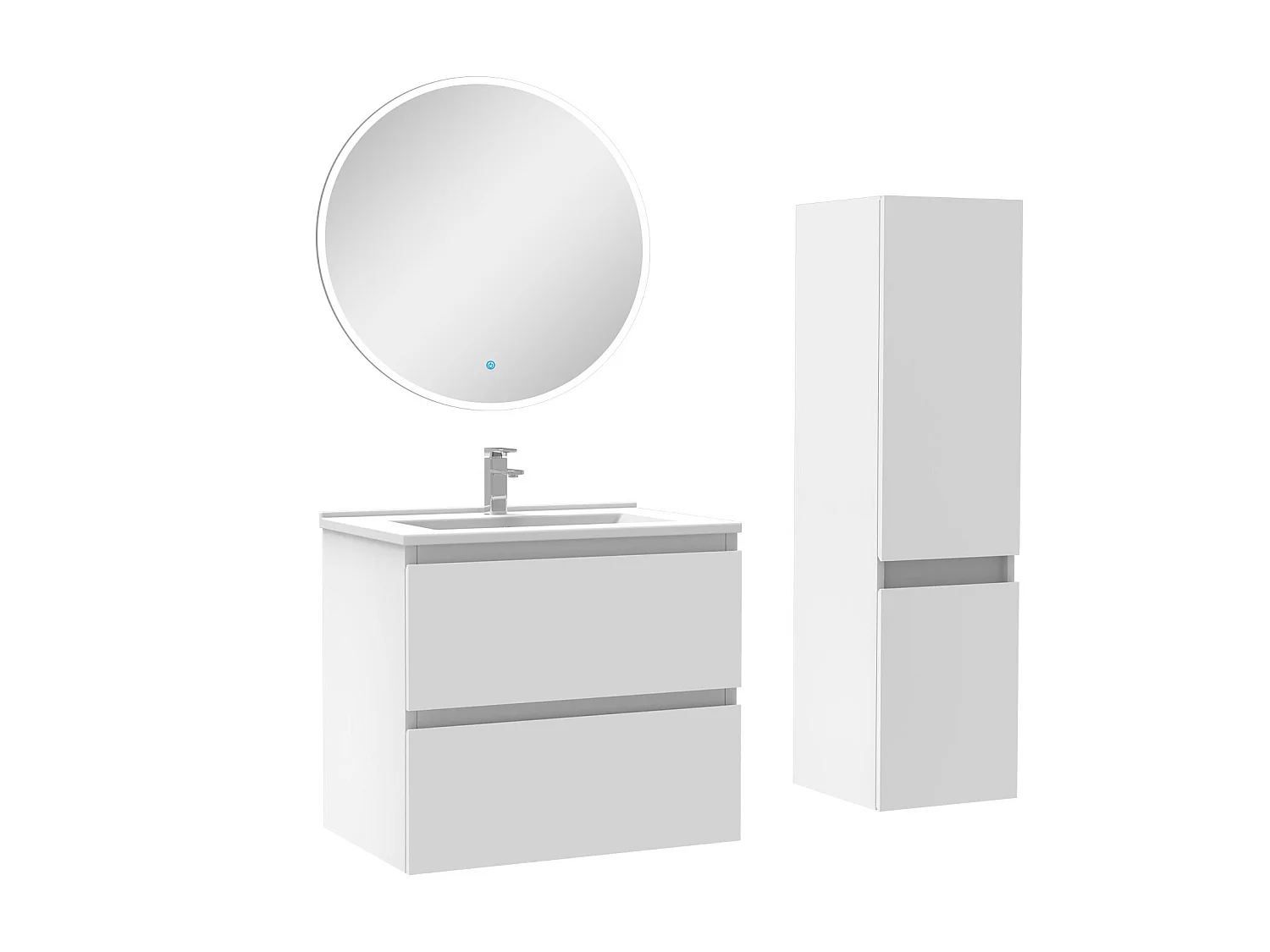 Ensemble meubles Salle de Bain 60cm vasque + colonne + miroir rond lumineux Blanc