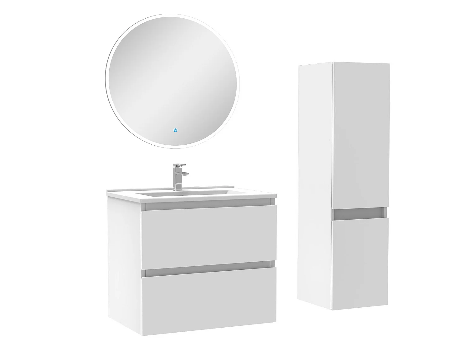 Ensemble meubles Salle de Bain 60cm vasque + colonne + miroir rond lumineux Blanc