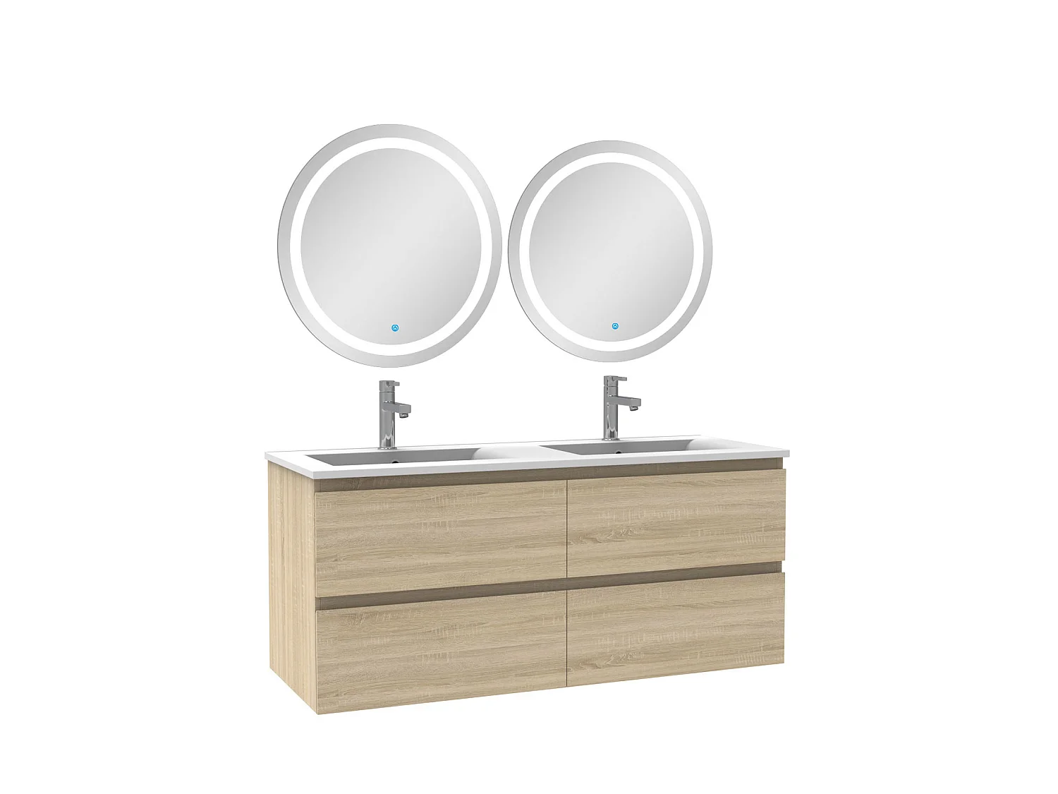 Ensemble meubles Salle de Bain 120cm double vasque et miroir lumineux rond Chêne Wotan