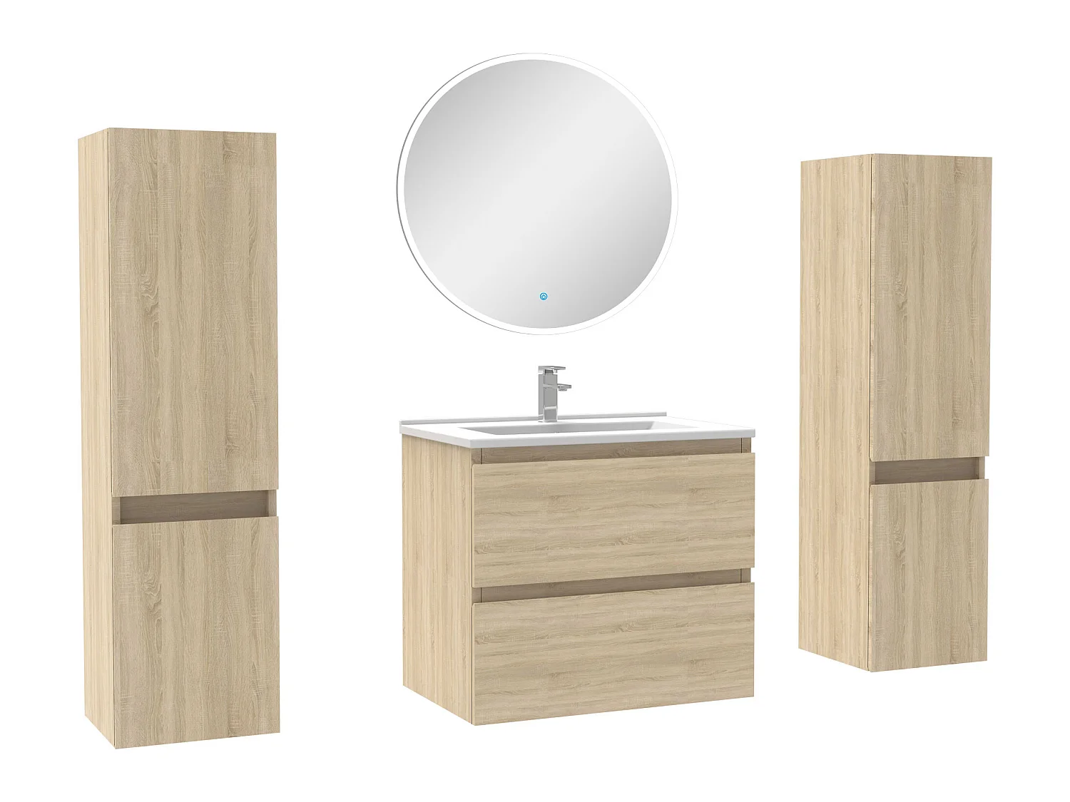 Ensemble meubles Salle de Bain avec colonne + miroir rond mural 60cm meuble Chêne Wotan