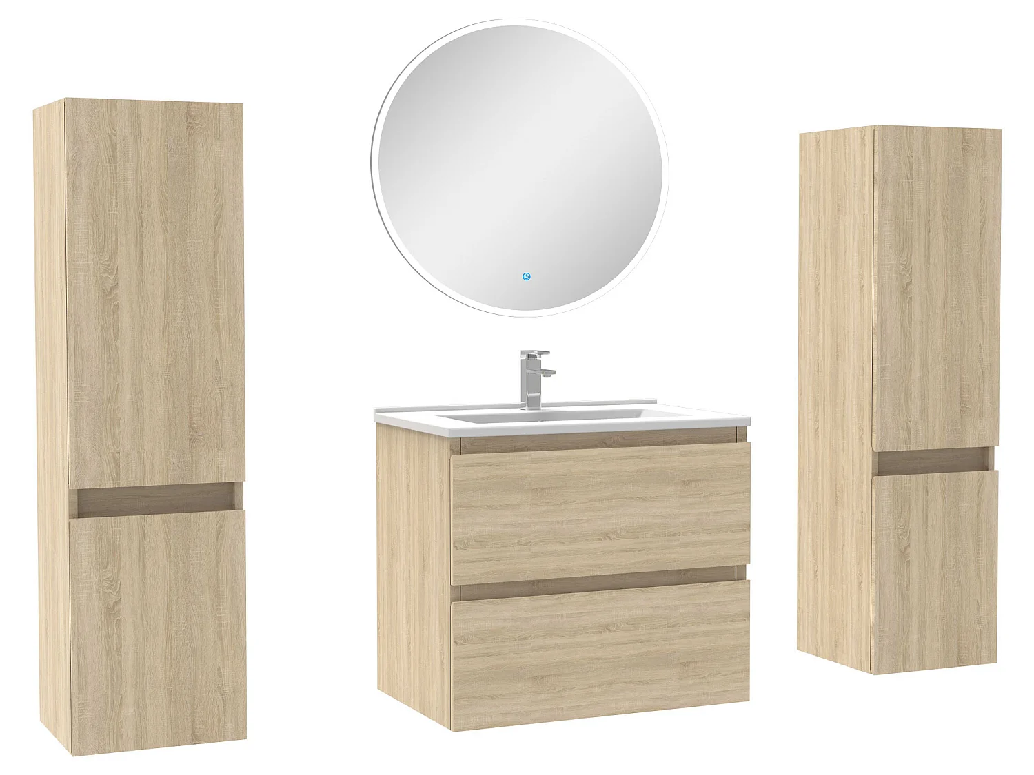 Ensemble meubles Salle de Bain avec colonne + miroir rond mural 60cm meuble Chêne Wotan