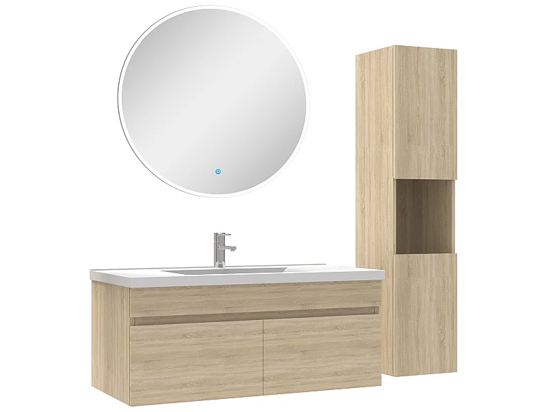 Ensemble Salle De Bain avec colonne et miroir rond 100cm meuble Chêne Wotan