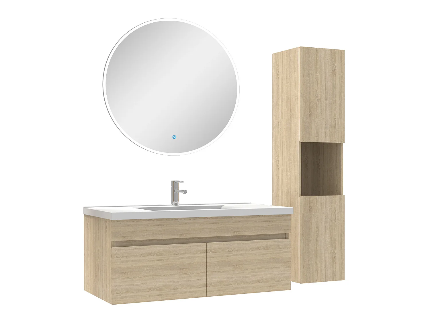 Ensemble Salle De Bain avec colonne et miroir rond 100cm meuble Chêne Wotan