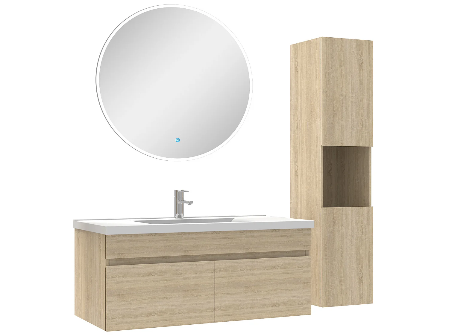 Ensemble Salle De Bain avec colonne et miroir rond 100cm meuble Chêne Wotan
