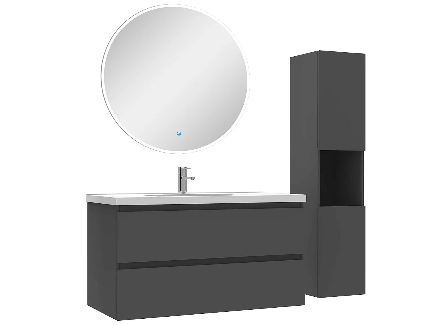 Ensemble meubles simple vasque 100cm,colonne + miroir rond lumineux Anthracite
