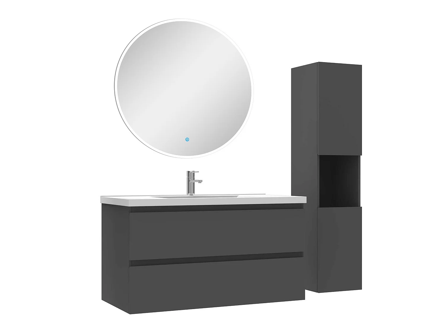 Ensemble meubles simple vasque 100cm,colonne + miroir rond lumineux Anthracite