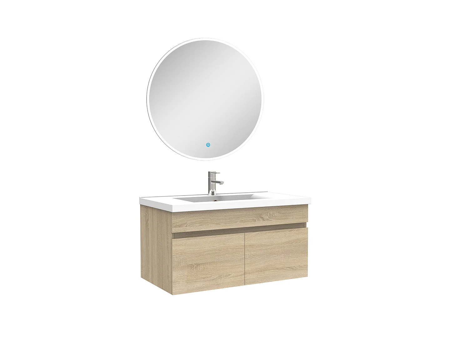 Ensemble meubles Salle de Bain simple vasque 80cm + miroir rond lumineux Chêne Wotan