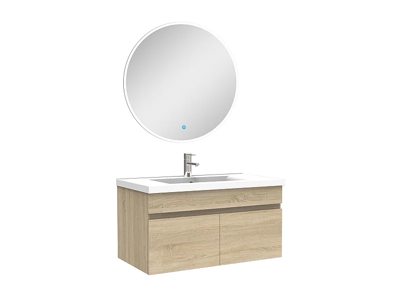 Ensemble meubles Salle de Bain simple vasque 80cm + miroir rond lumineux Chêne Wotan