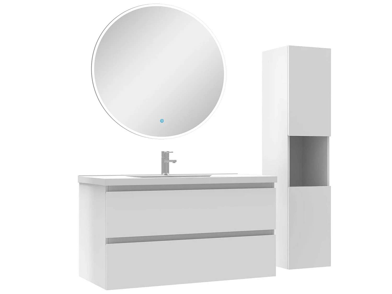 Ensemble meubles simple vasque 100cm,colonne + miroir rond lumineux Blanc