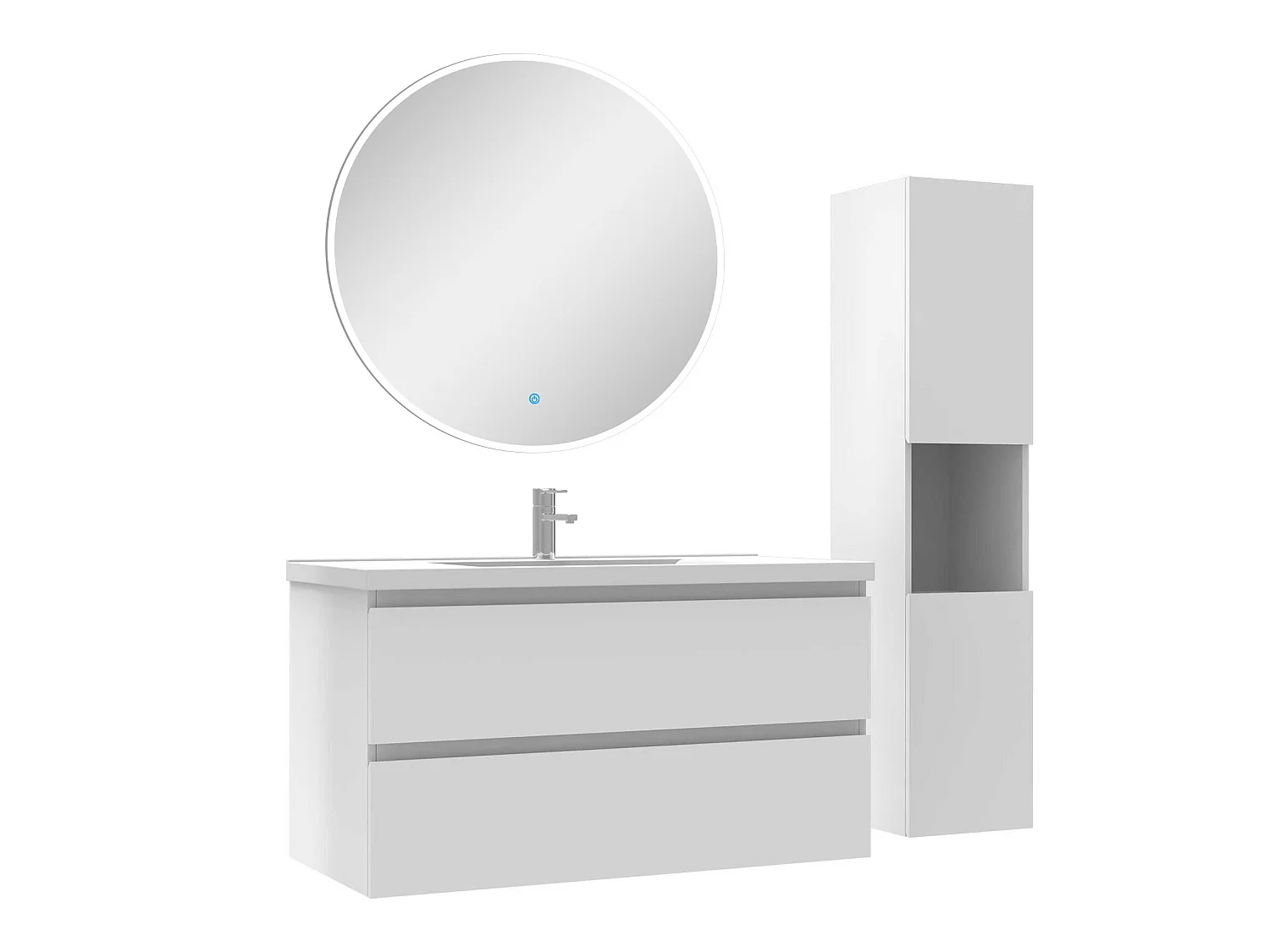 Ensemble meubles simple vasque 100cm,colonne + miroir rond lumineux Blanc