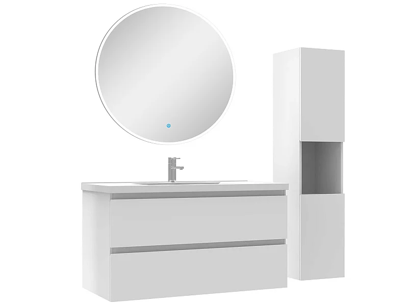 Ensemble meubles simple vasque 100cm,colonne + miroir rond lumineux Blanc