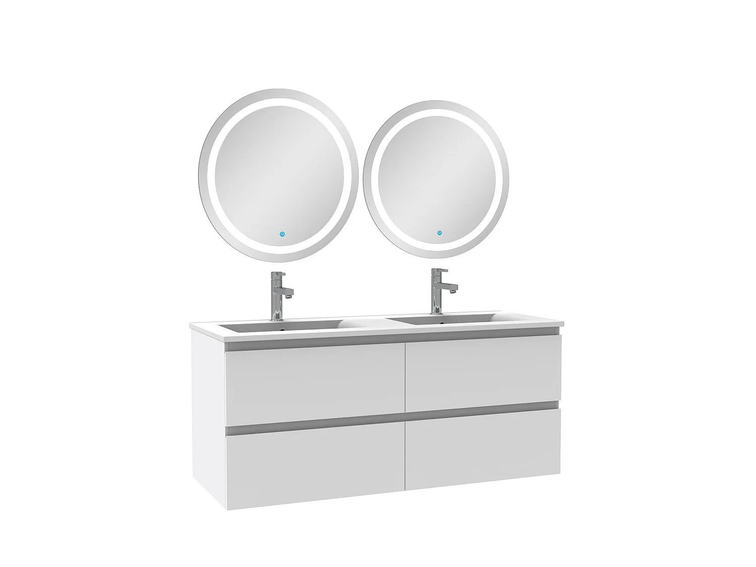 Ensemble meubles Salle de Bain 120cm double vasque et miroir lumineux rond Blanc