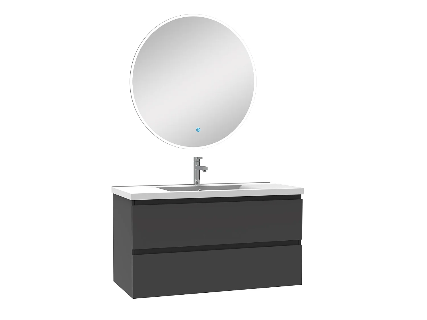 Ensemble meubles Salle de Bain Anthracite 100cm simple vasque + miroir lumineux rond