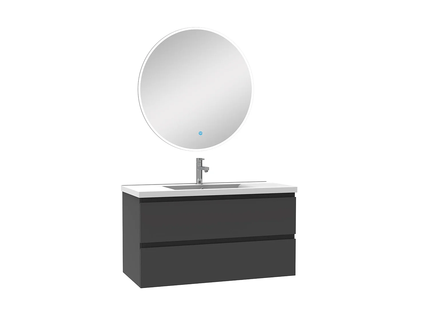 Ensemble meubles Salle de Bain Anthracite 100cm simple vasque + miroir lumineux rond