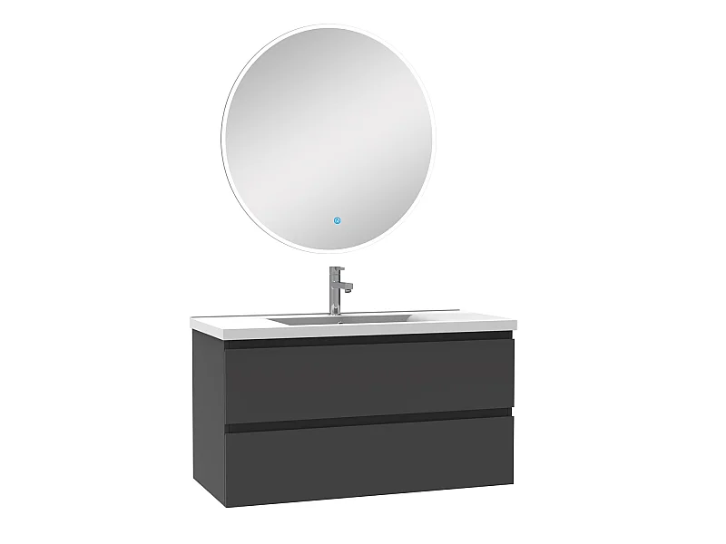 Ensemble meubles Salle de Bain Anthracite 100cm simple vasque + miroir lumineux rond