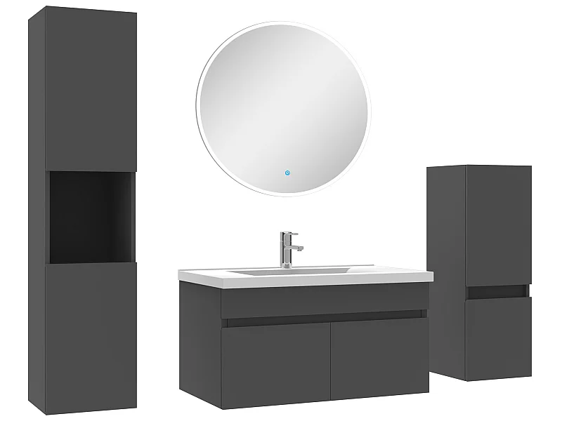 Meubles simple vasque 80cm,meuble acve colonne et miroir rond Anthracite