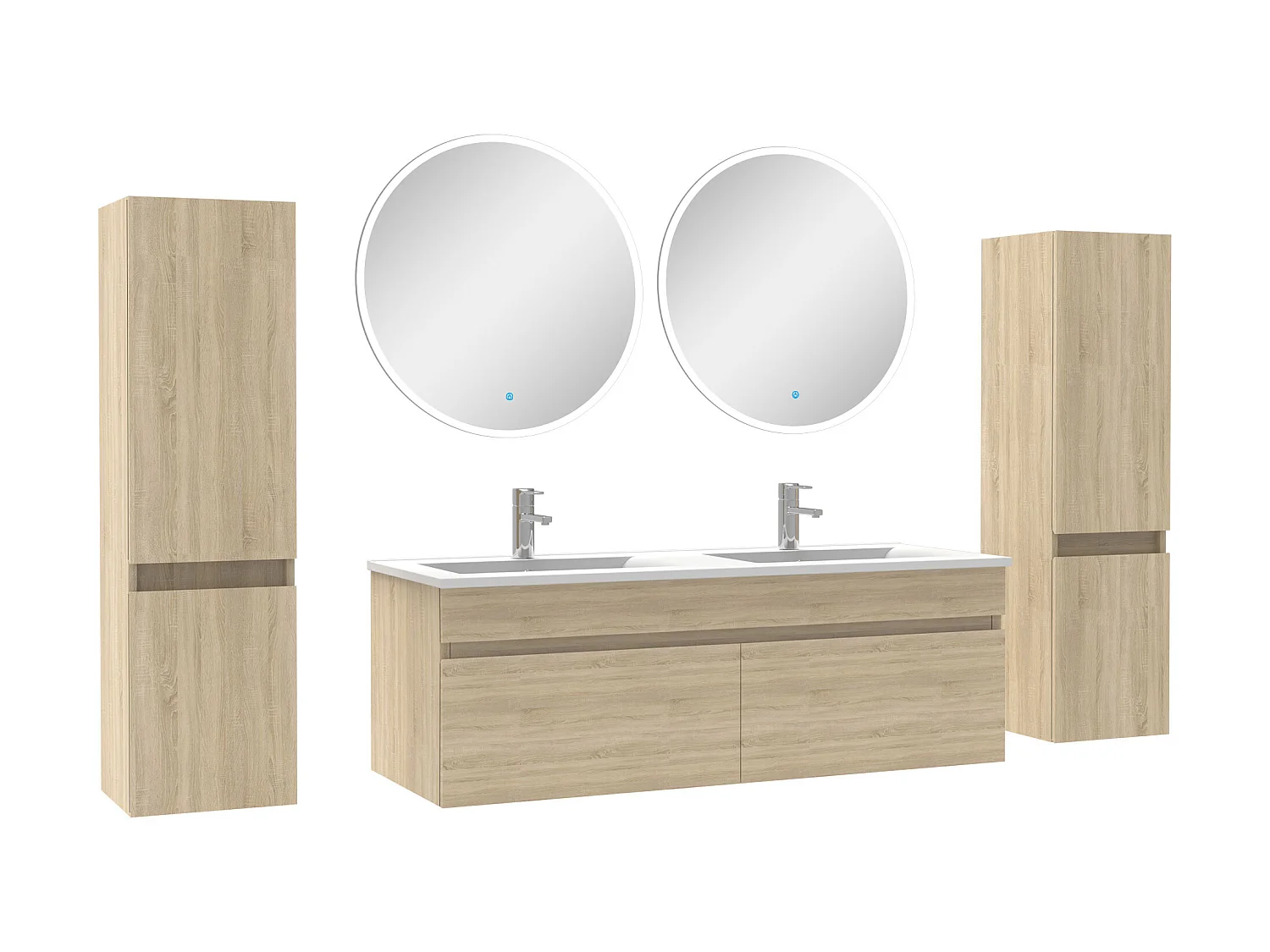Ensemble meubles Salle de Bain double vasque 120cm, colonnex2 + miroir rond Chêne Wotan