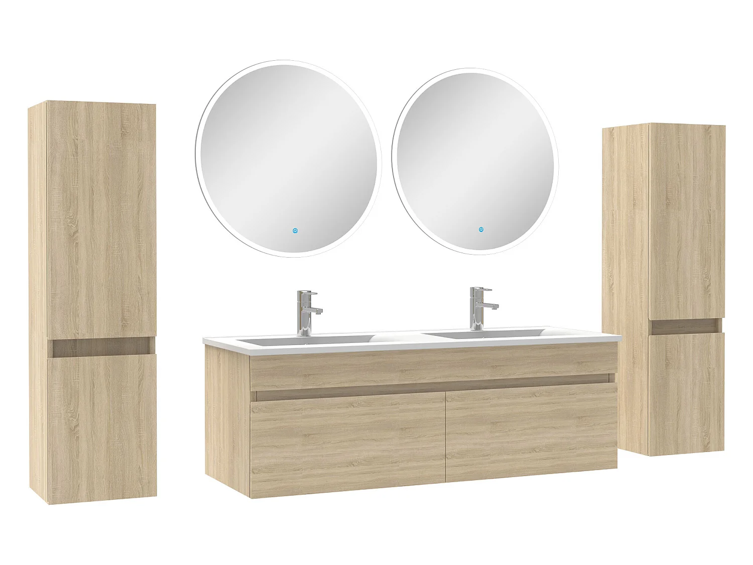 Ensemble meubles Salle de Bain double vasque 120cm, colonnex2 + miroir rond Chêne Wotan