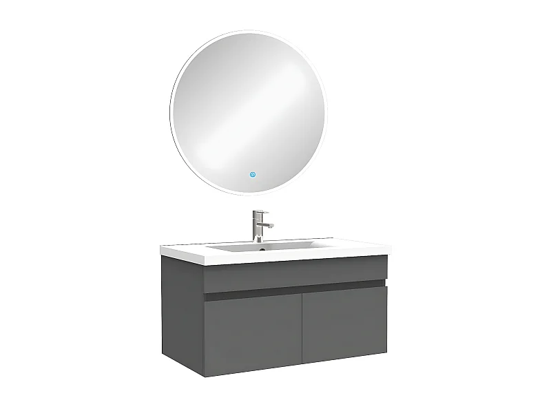 Ensemble meubles Salle de Bain simple vasque 80cm + miroir rond lumineux Anthracite