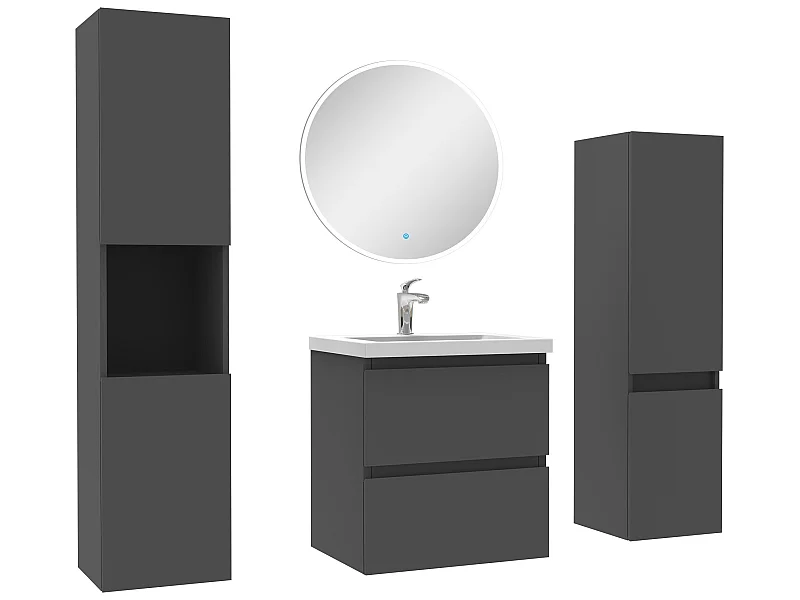 Ensemble meubles Salle de Bain 50cm vasque + colonne + miroir rond mural Anthracite
