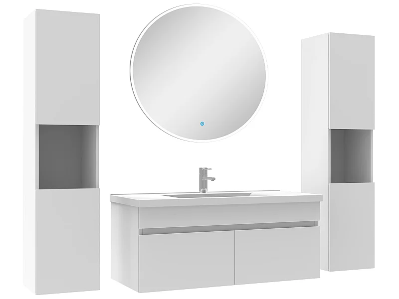 Ensemble meubles Salle de Bain simple vasque 100cm, colonnex2 et miroir rond Blanc